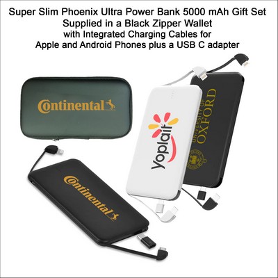 Super Slim Phoenix Power Bank 5000 mAh, Integrated Cables, Black Zipper Wallet.